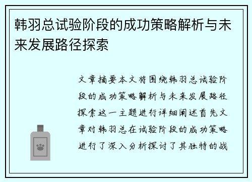 韩羽总试验阶段的成功策略解析与未来发展路径探索