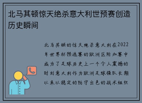 北马其顿惊天绝杀意大利世预赛创造历史瞬间