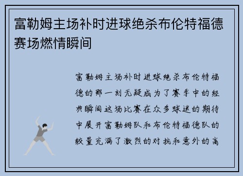 富勒姆主场补时进球绝杀布伦特福德赛场燃情瞬间